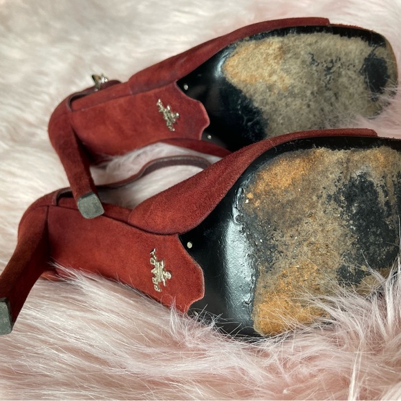 Prada Calzature Donna Amaranto Suede Sandals Open Toe Heels Size 8 - Picture 8 of 9